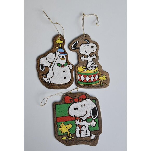Snoopy and Woodstock Christmas Ornaments Vintage Set of 3 50s & 60s Wooden Retro - Picture 1 of 10